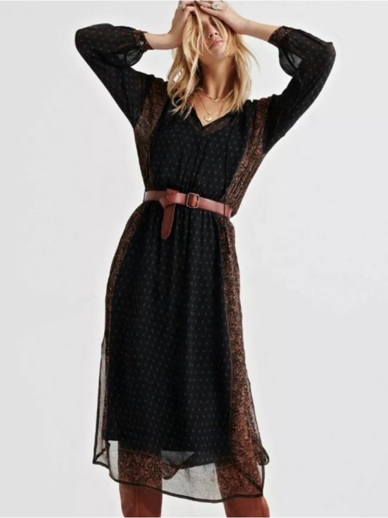 Lucky Brand Boho Border Print Sheer Black Midi Dress Brown Trim Xl Nwt $139